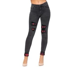 Judy Blue Black Skinny Jeans with Red Plaid Patch